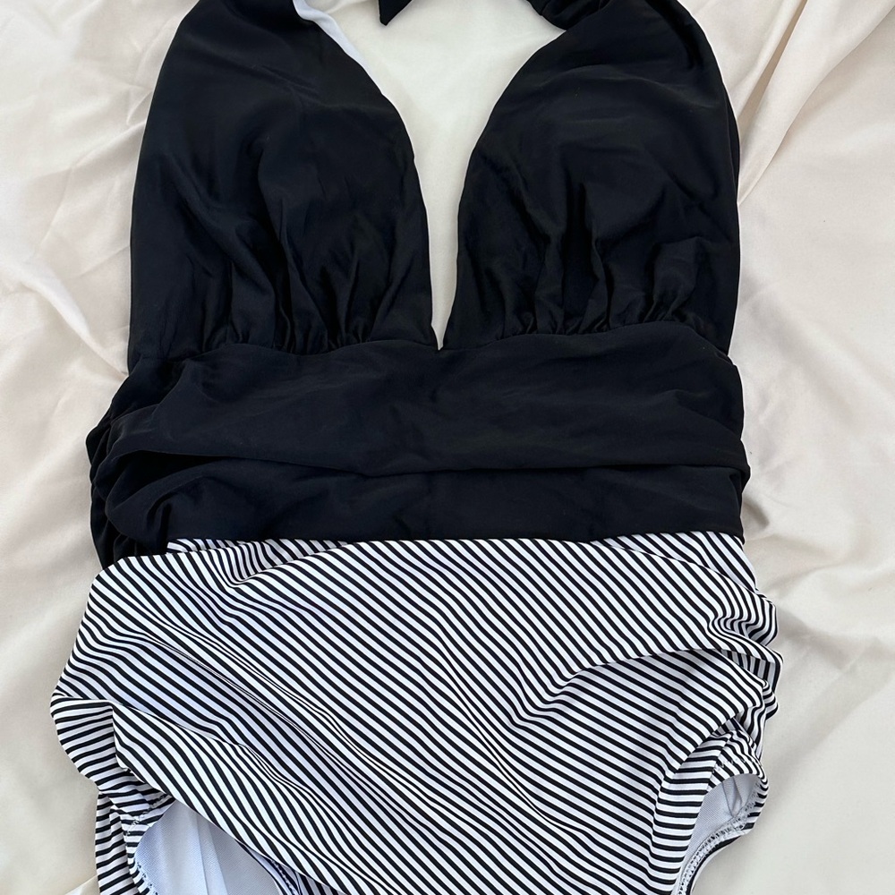 Black and White Striped maternity Swimsuit